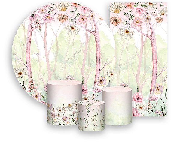 Painel De Festa + Trio De Capas Cilindro + Faixa Veste Fácil - Floresta Rosada com Flores 049