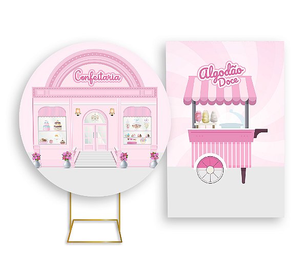 Painel De Festa Redondo 1,50x1,50 + Vertical 1,50x2,20 - Vitrine Confeitaria Rosa 002