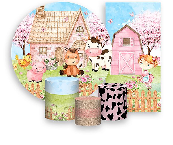 Painel De Festa + Trio De Capas Cilindro + Faixa Veste Fácil - Fazendinha Rosa Cute 001