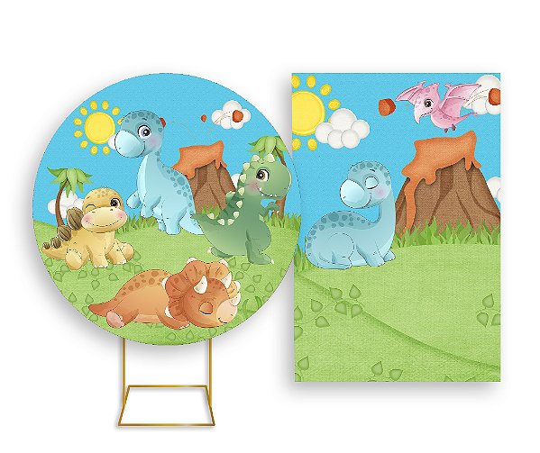 Painel De Festa Redondo 1,50x1,50 + Vertical 1,50x2,20 - Dinossauros Baby Cute 001