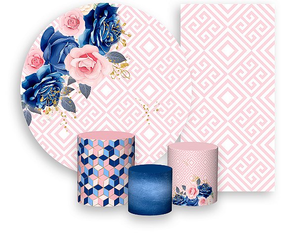 Painel De Festa + Trio De Capas Cilindro + Faixa Veste Fácil - Efeito Geométrico Greek Rosa com Floral Azul 001