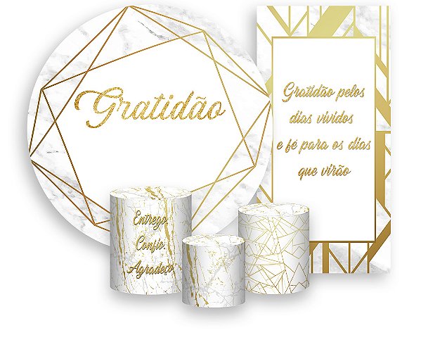 Painel De Festa + Trio De Capas Cilindro + Faixa Veste Fácil - Efeito Mármore Branco Gratidão 022