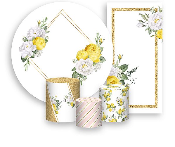 Painel De Festa + Trio De Capas Cilindro + Faixa Veste Fácil - Efeito Geométrico Flores Amarelo 023