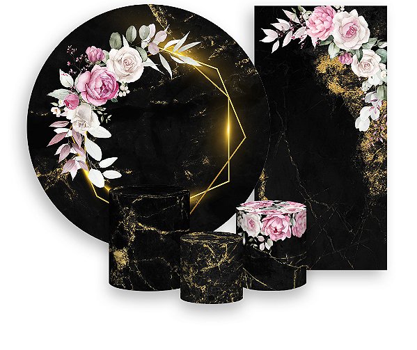 Painel De Festa + Trio De Capas Cilindro + Faixa Veste Fácil - Efeito Geométrico Floral Preto e Dourado 025