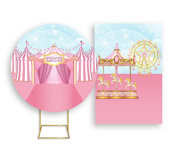 Painel De Festa Redondo 1,50x1,50 + Vertical 1,50x2,20 - Circo Tenda Rosa 011