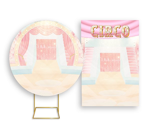 Painel De Festa Redondo 1,50x1,50 + Vertical 1,50x2,20 - Circo Rosa com Dourado 027