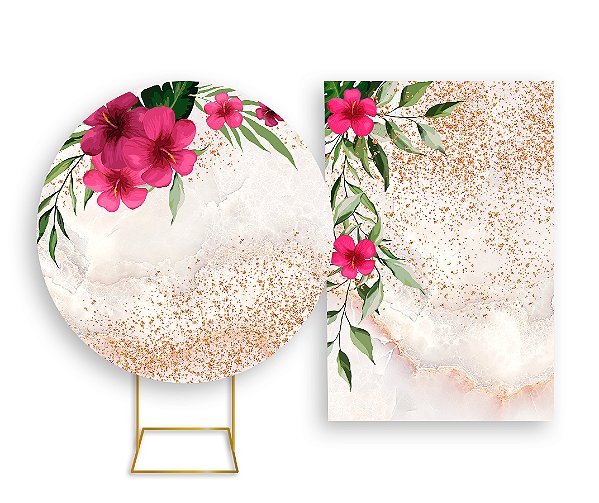 Painel De Festa Redondo 1,50x1,50 + Vertical 1,50x2,20 - Flores Rosas Efeito Glitter 005