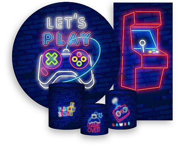 Painel De Festa + Trio De Capas Cilindro + Faixa Veste Fácil - Video Game Azul e Vermelho 005