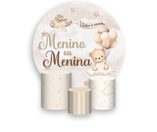 Painel De Festa Redondo 1,50 x 1,50 + Trio De Capas Cilindro - Chá Revelação Urso Bege 034