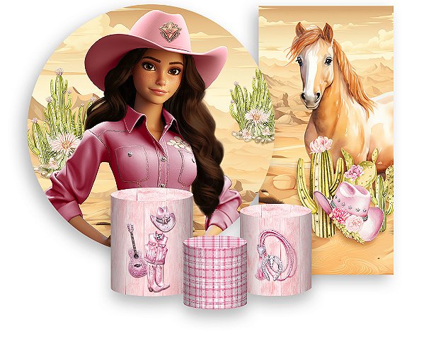 Painel De Festa + Trio De Capas Cilindro + Faixa Veste Fácil - Boneca Boiadeira Morena 011