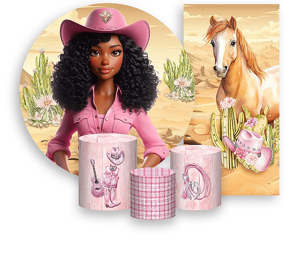 Painel De Festa + Trio De Capas Cilindro + Faixa Veste Fácil - Boneca Boiadeira Rosa 012