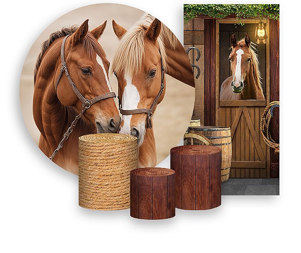 Painel De Festa + Trio De Capas Cilindro + Faixa Veste Fácil - Country Cavalos Realista 014