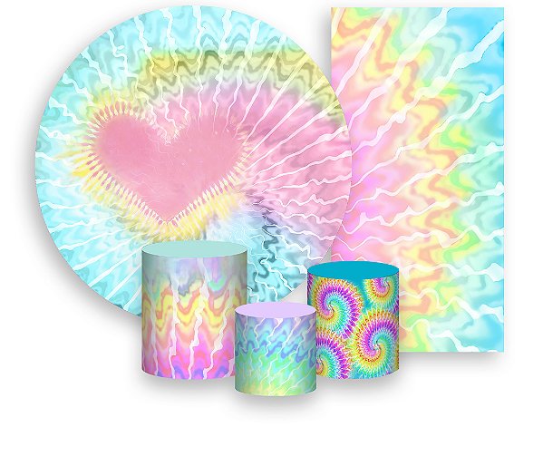 Painel De Festa + Trio De Capas Cilindro + Faixa Veste Fácil - Tie Dye Coração 002