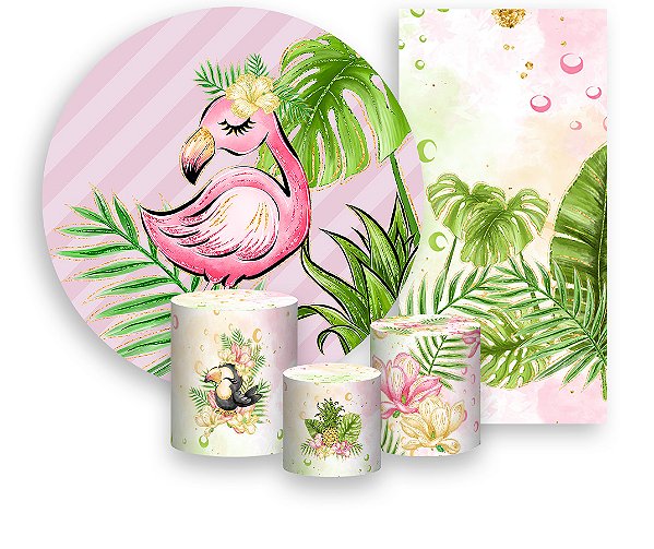 Painel De Festa + Trio De Capas Cilindro + Faixa Veste Fácil - Flamingo Tropical Rosa 001