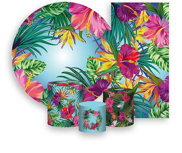 Painel De Festa + Trio De Capas Cilindro + Faixa Veste Fácil - Farofa Tropical 002