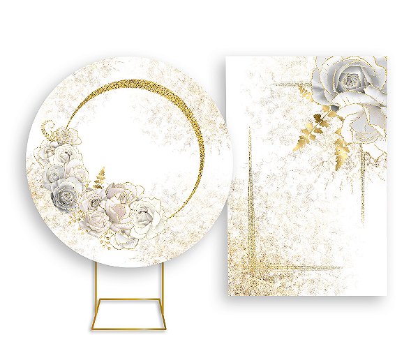 Painel De Festa Redondo 1,50x1,50 + Vertical 1,50x2,20 - Flores Brancas Frame Dourado 021