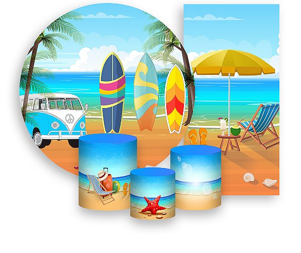 Painel De Festa + Trio De Capas Cilindro + Faixa Veste Fácil - Praia Beach Surf 005