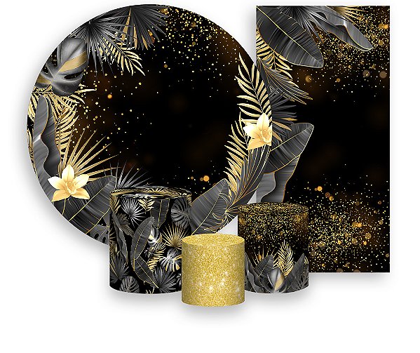 Painel De Festa + Trio De Capas Cilindro + Faixa Veste Fácil - Tropical Chique Preto com Dourado 007