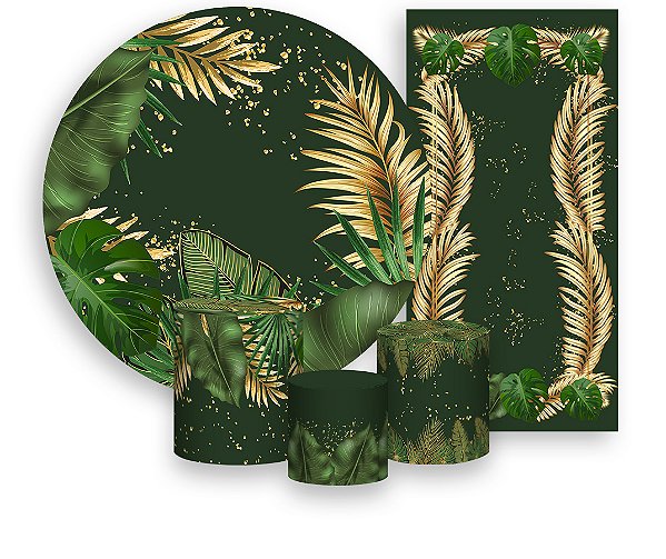 Painel De Festa + Trio De Capas Cilindro + Faixa Veste Fácil - Tropical Chique Verde com Dourado 008