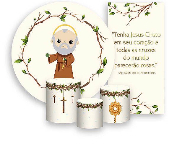 Painel De Festa + Trio De Capas Cilindro + Faixa Veste Fácil - Santo São Padre Pio Católico 002