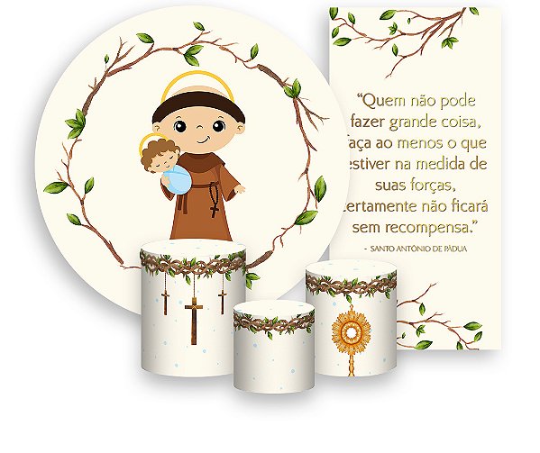 Painel De Festa + Trio De Capas Cilindro + Faixa Veste Fácil - Santo Antônio de Pádua Católico 005