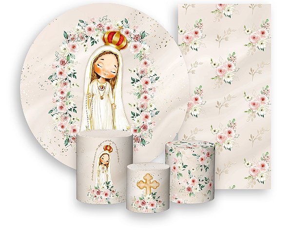 Painel De Festa + Trio De Capas Cilindro + Faixa Veste Fácil - Santa Nossa Senhora de Fátima Aquarela 009