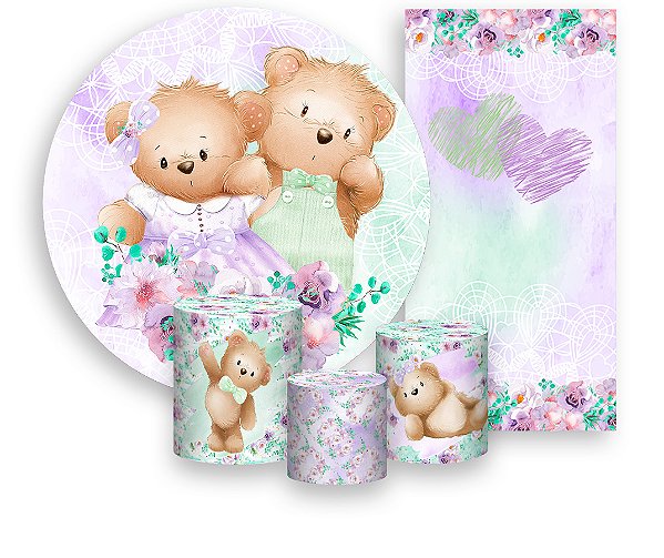 Painel De Festa + Trio De Capas Cilindro + Faixa Veste Fácil - Revelação Ursinhos Lilás e Verde Claro 004