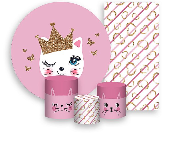 Painel De Festa + Trio De Capas Cilindro + Faixa Veste Fácil - Gatinha Rosa 001