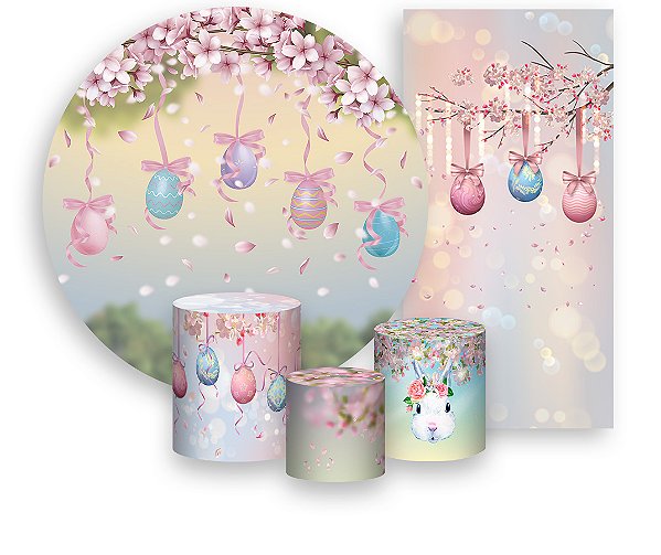 Painel De Festa + Trio De Capas Cilindro + Faixa Veste Fácil - Ovos de Páscoa Flores e Fitas 004