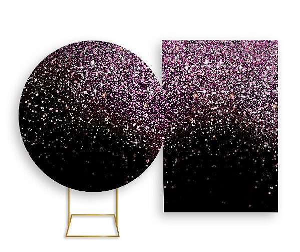 Painel De Festa Redondo 1,50x1,50 + Vertical 1,50x2,20 - Preto Efeito Glitter Pink 001