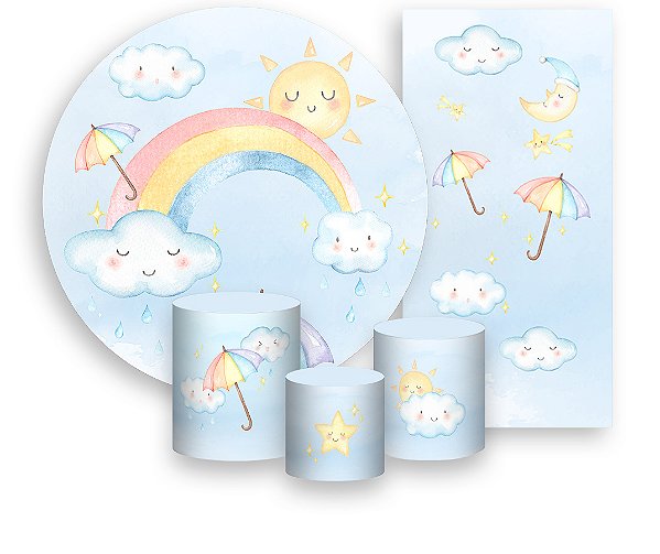 Painel De Festa + Trio De Capas Cilindro + Faixa Veste Fácil - Chuva de Amor Cute 002