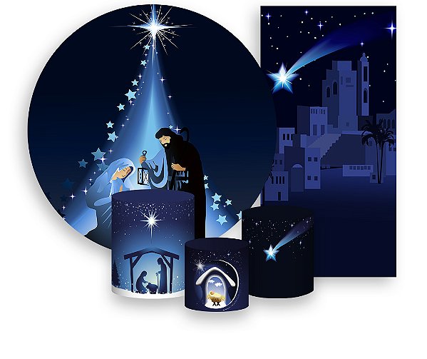 Painel De Festa + Trio De Capas Cilindro + Faixa Veste Fácil - Sagrada Família Natal Azul 001