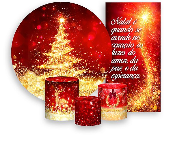 Painel De Festa + Trio De Capas Cilindro + Faixa Veste Fácil - Natal Vermelho Efeito Glitter Dourados 004