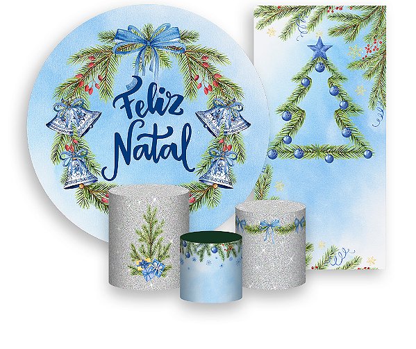 Painel De Festa + Trio De Capas Cilindro + Faixa Veste Fácil - Natal Azul Guirlanda 008