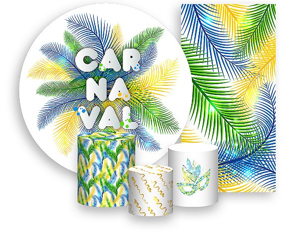 Painel De Festa + Trio De Capas Cilindro + Faixa Veste Fácil - Efeito Carnaval Penas 003