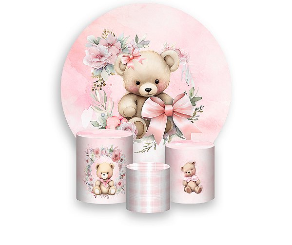 Painel De Festa Redondo 1,50 x 1,50 + Trio De Capas Cilindro - Chá de Bebê Ursa Floral 074