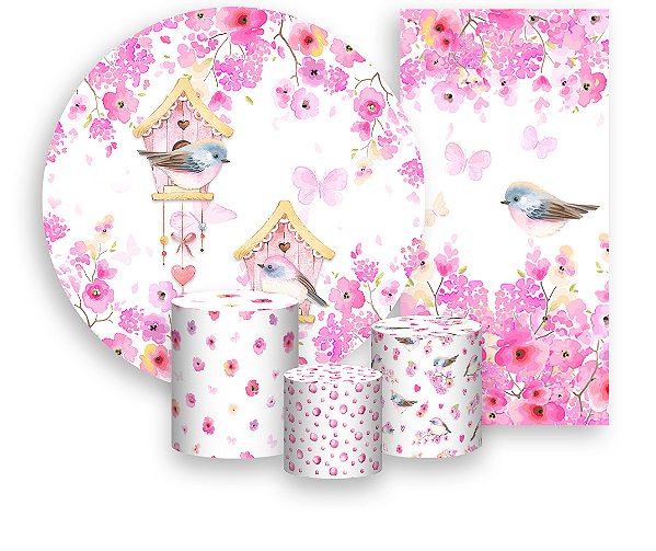 Painel De Festa + Trio De Capas Cilindro + Faixa Veste Fácil - Jardim de Passarinhos e Flores 004