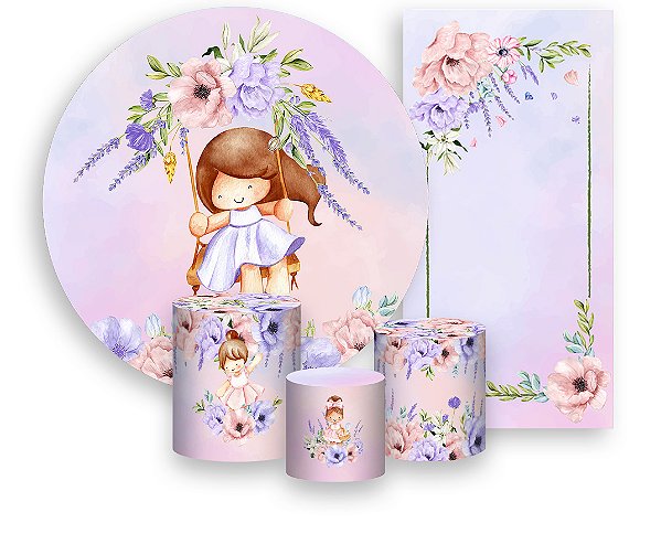 Painel De Festa + Trio De Capas Cilindro + Faixa Veste Fácil - Jardim Rosa e Lilás com Boneca Morena 007
