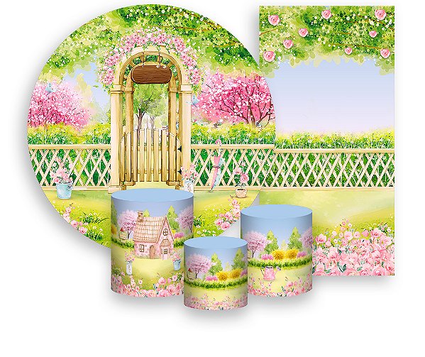 Painel De Festa + Trio De Capas Cilindro + Faixa Veste Fácil - Jardim Flores Rosas 013