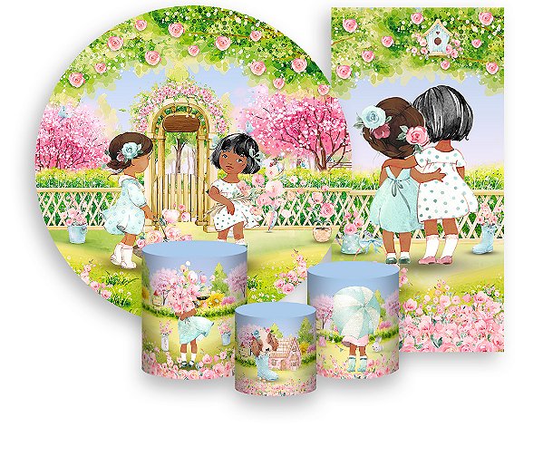 Painel De Festa + Trio De Capas Cilindro + Faixa Veste Fácil - Jardim Com Bonecas 014