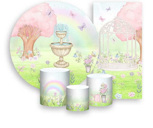 Painel De Festa + Trio De Capas Cilindro + Faixa Veste Fácil - Jardim Encantado Rosa e Lilás 027