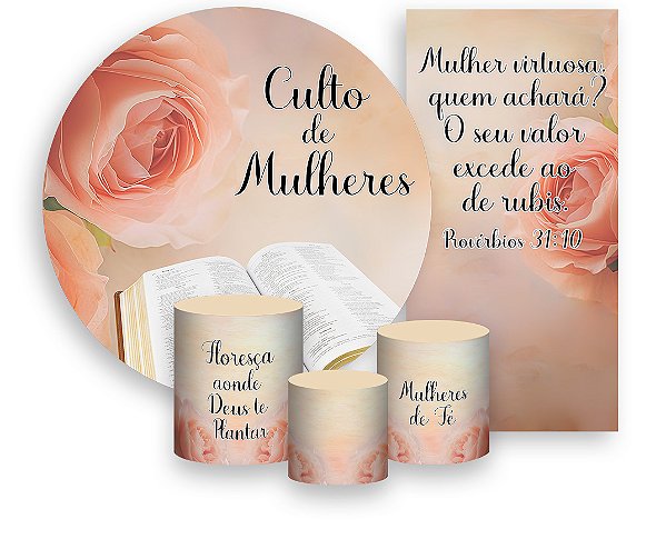 Painel De Festa + Trio De Capas Cilindro + Faixa Veste Fácil - Culto de Mulheres Rosa Bíblia 005