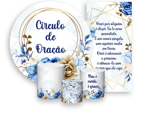 Painel De Festa + Trio De Capas Cilindro + Faixa Veste Fácil - Floral Azul Circulo de Oração 009