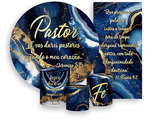 Painel De Festa + Trio De Capas Cilindro + Faixa Veste Fácil - Pastor Efeito Marmorizado Azul com Dourado 013