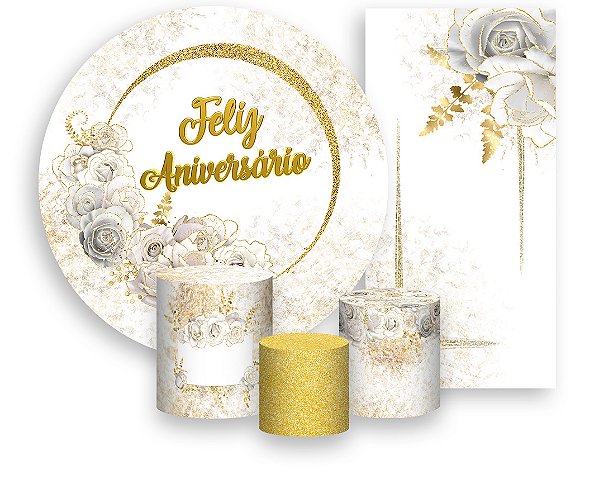 Painel De Festa + Trio De Capas Cilindro + Faixa Veste Fácil - Dourado com Flores Brancas Feliz Aniversário 003