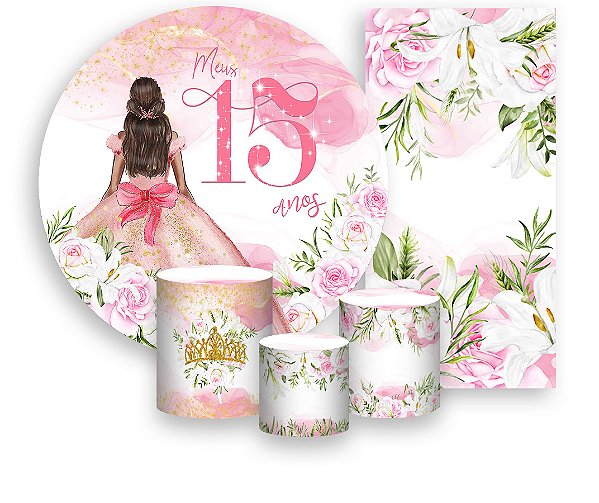 Painel De Festa + Trio De Capas Cilindro + Faixa Veste Fácil - 15 Anos Princesa Rosa 006