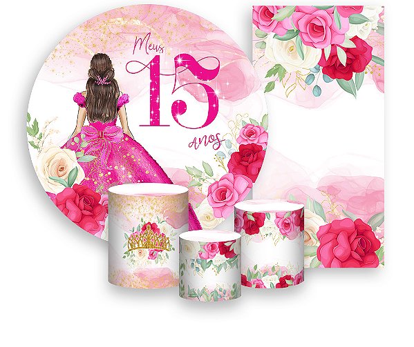 Painel De Festa + Trio De Capas Cilindro + Faixa Veste Fácil - 15 Anos Princesa Pink 007