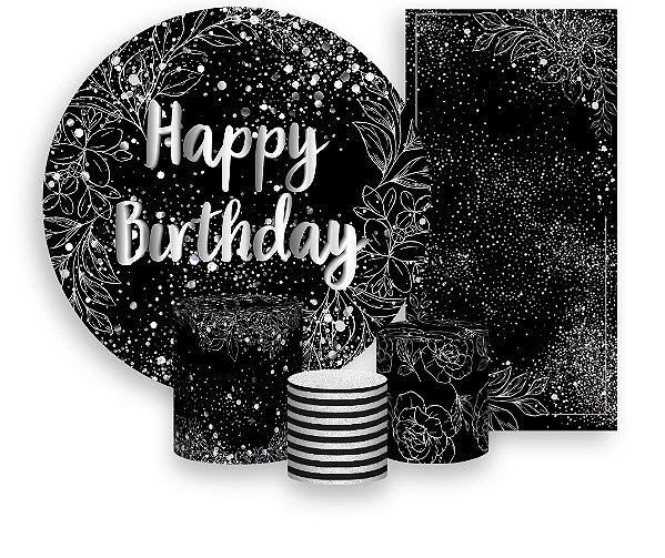 Painel De Festa + Trio De Capas Cilindro + Faixa Veste Fácil - Efeito Brilhos Happy Birthday Prateado 010