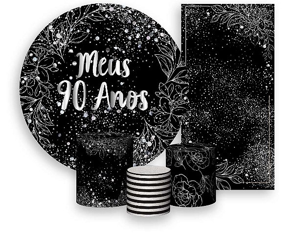 Painel De Festa + Trio De Capas Cilindro + Faixa Veste Fácil - Efeito Brilhos Meus 90 Anos Prateado 013