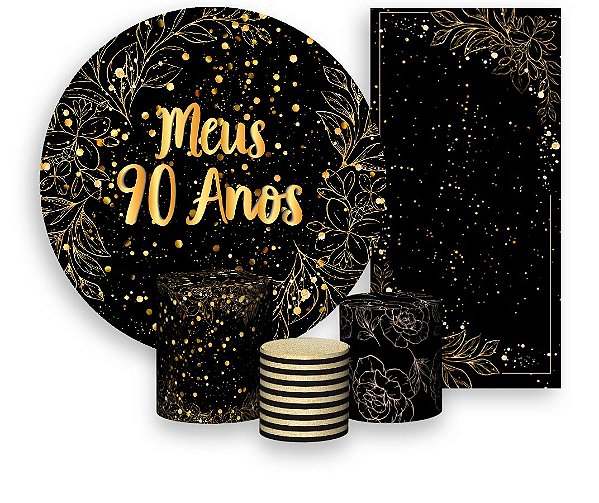 Painel De Festa + Trio De Capas Cilindro + Faixa Veste Fácil - Efeito Brilhos Meus 90 Anos Dourado 014